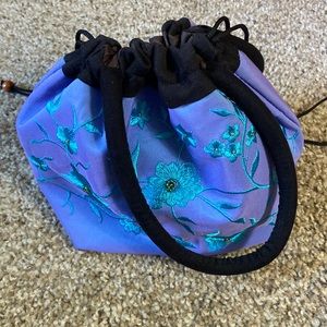 Fabric, cornflower blue w/ turquoise embroidered flowers bag, drawstring bag
